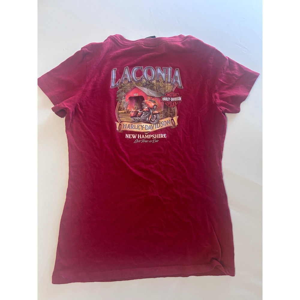 Harley-Davidson Graphic T-Shirt Womens L Maroon Laconia New Hampshire Biker Tee